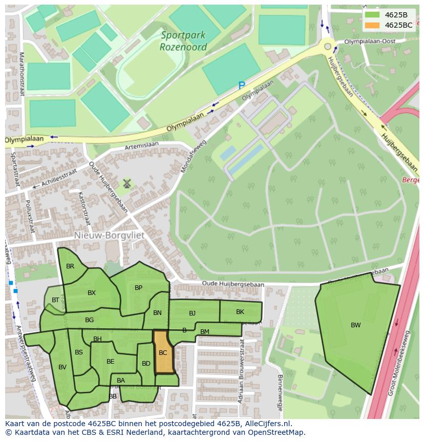 Afbeelding van het postcodegebied 4625 BC op de kaart.