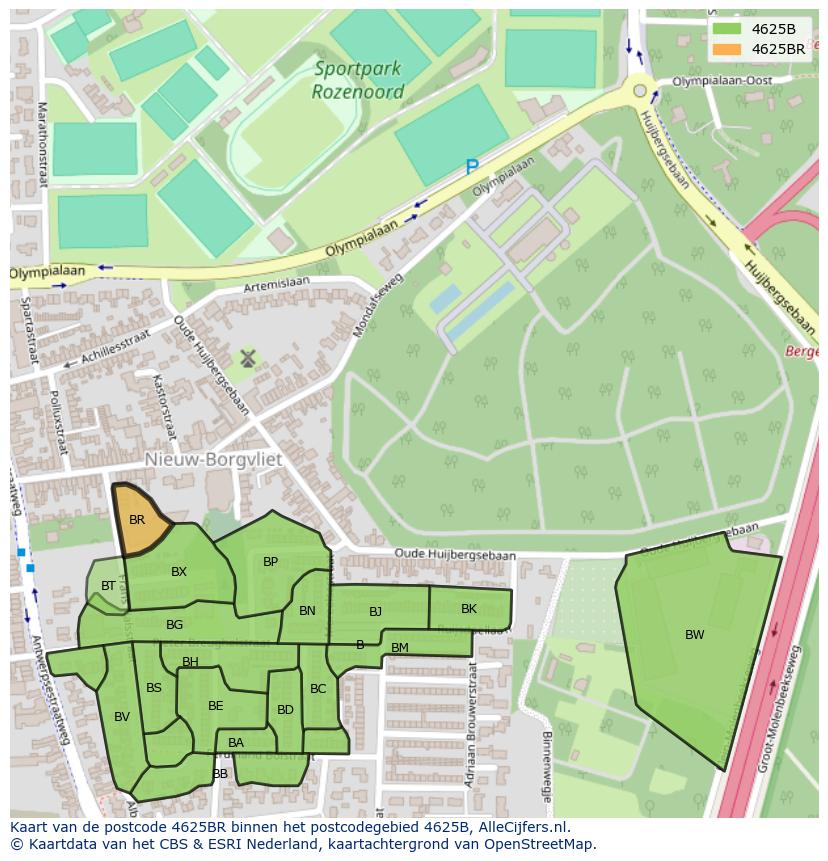 Afbeelding van het postcodegebied 4625 BR op de kaart.