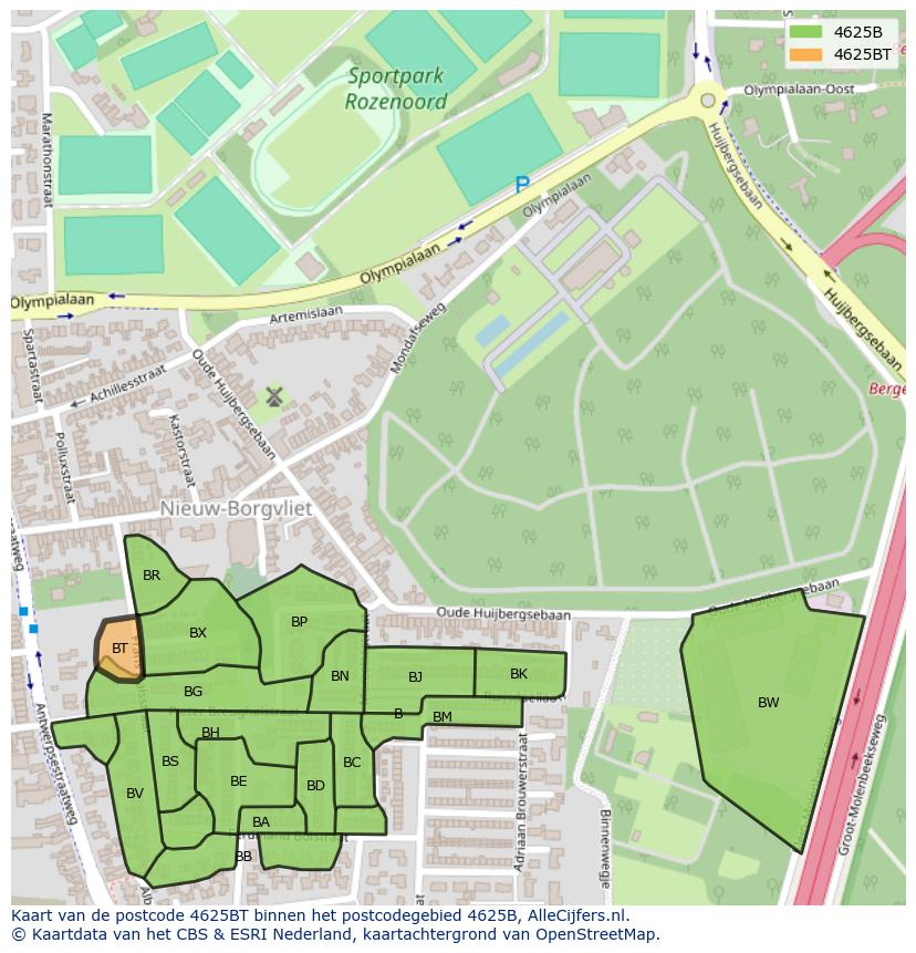 Afbeelding van het postcodegebied 4625 BT op de kaart.