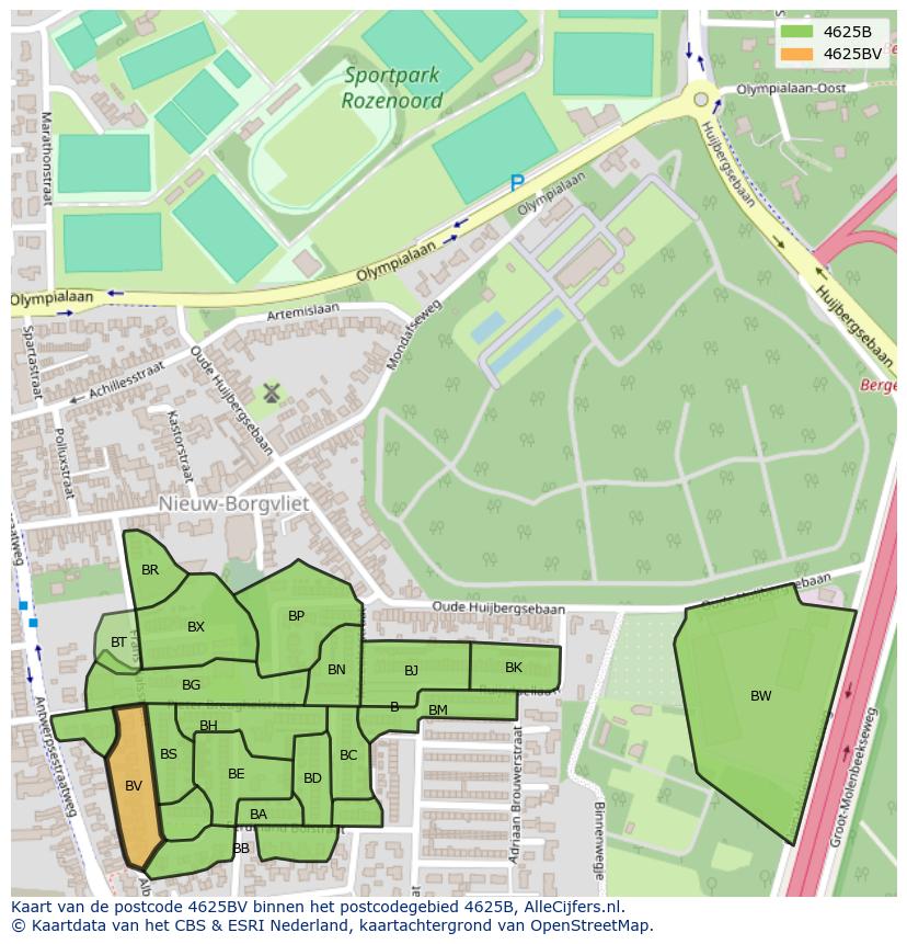 Afbeelding van het postcodegebied 4625 BV op de kaart.