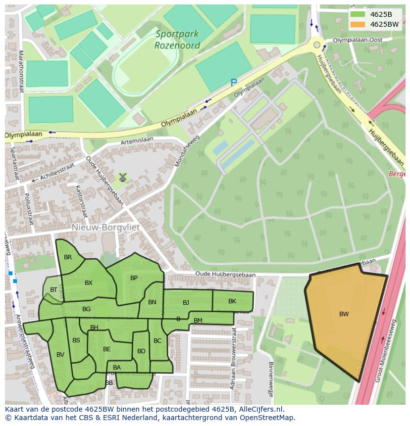 Afbeelding van het postcodegebied 4625 BW op de kaart.