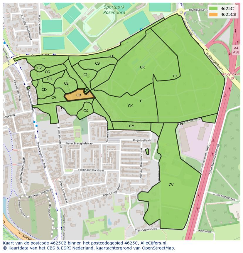 Afbeelding van het postcodegebied 4625 CB op de kaart.