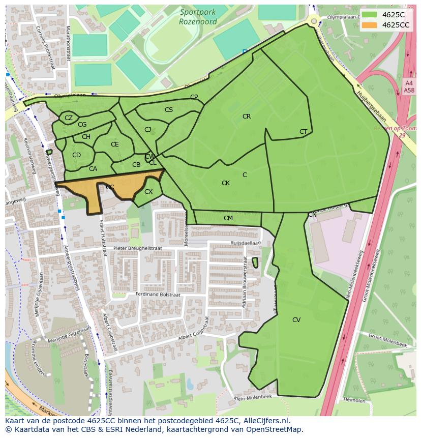 Afbeelding van het postcodegebied 4625 CC op de kaart.