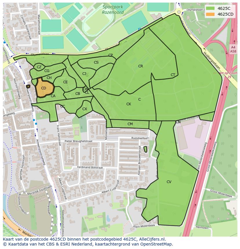 Afbeelding van het postcodegebied 4625 CD op de kaart.