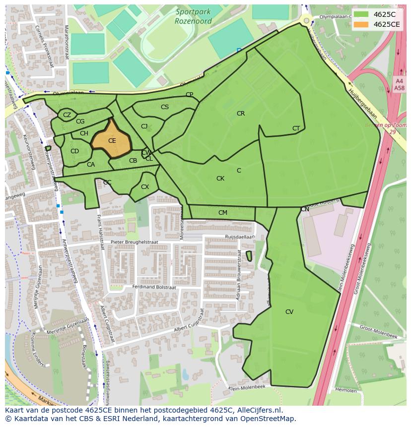 Afbeelding van het postcodegebied 4625 CE op de kaart.