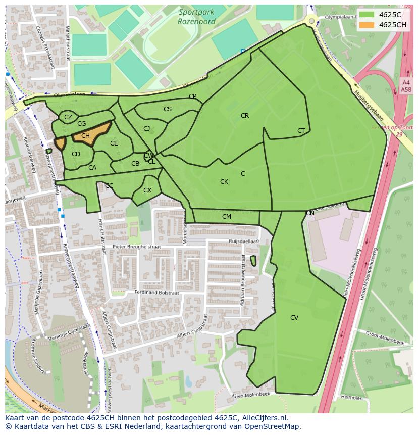 Afbeelding van het postcodegebied 4625 CH op de kaart.