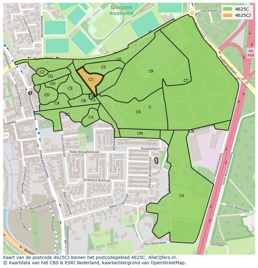 Afbeelding van het postcodegebied 4625 CJ op de kaart.