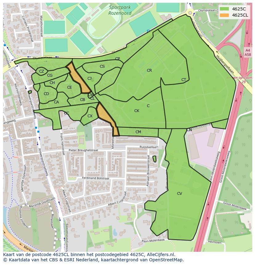 Afbeelding van het postcodegebied 4625 CL op de kaart.