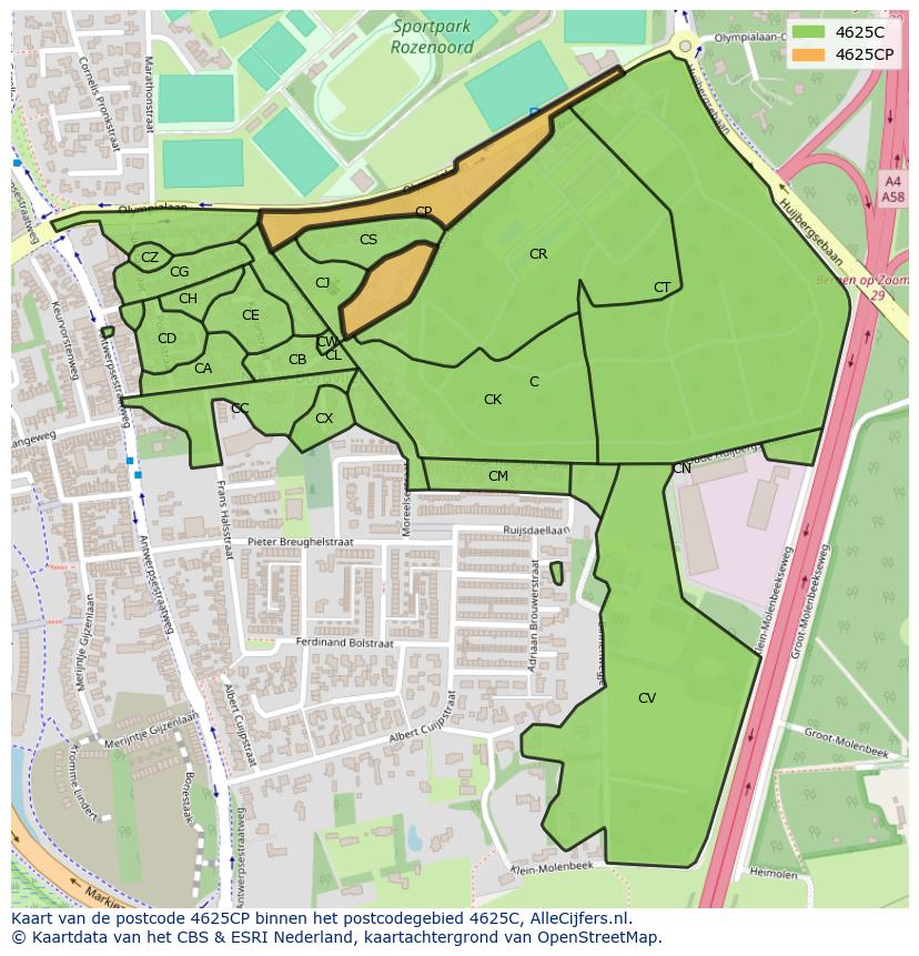 Afbeelding van het postcodegebied 4625 CP op de kaart.