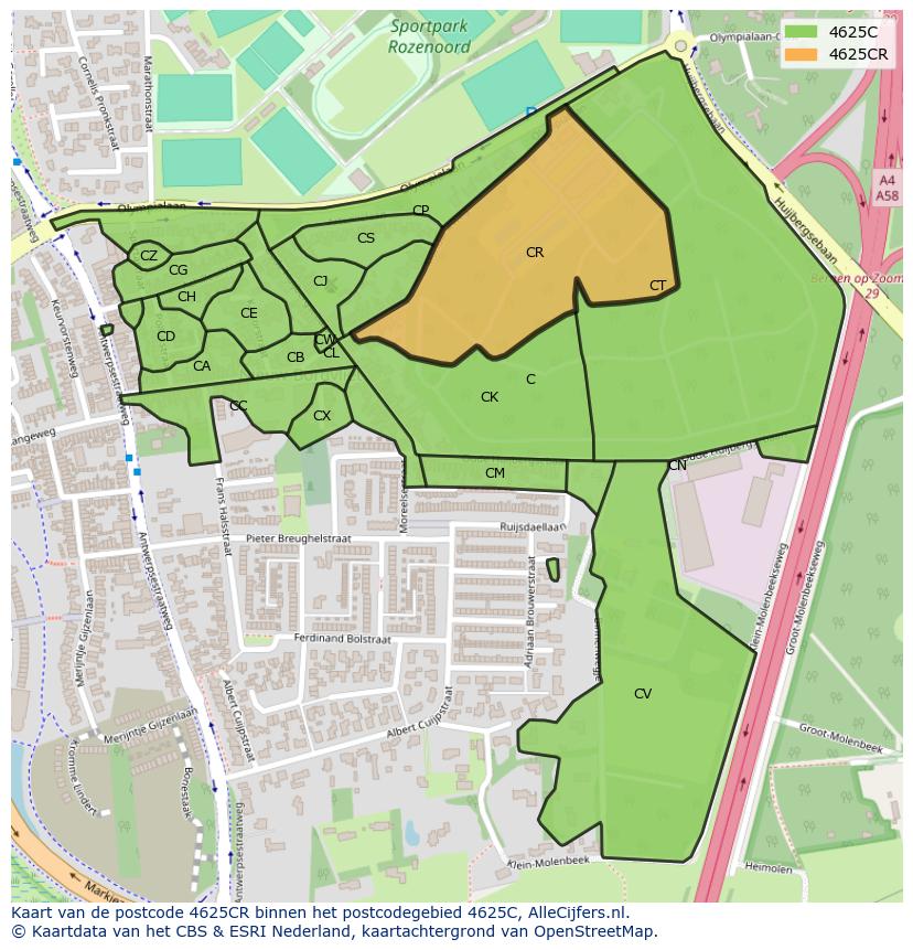 Afbeelding van het postcodegebied 4625 CR op de kaart.