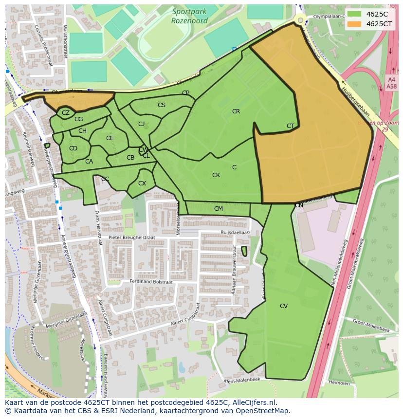 Afbeelding van het postcodegebied 4625 CT op de kaart.