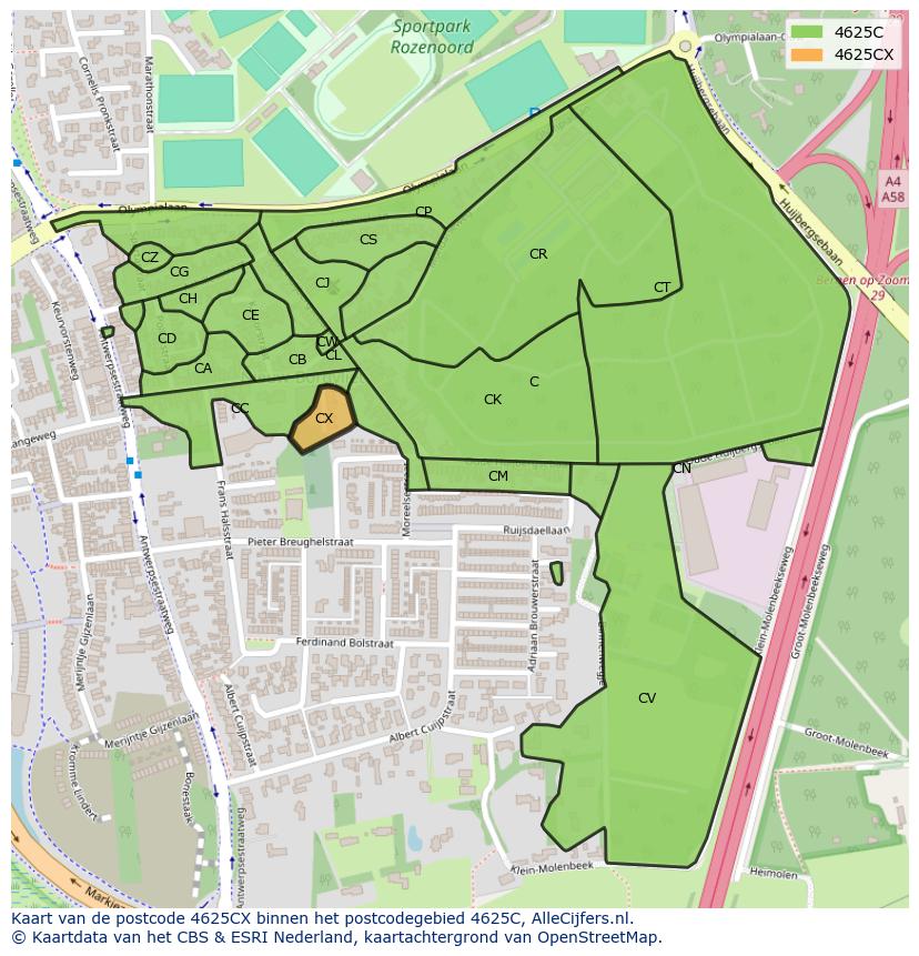 Afbeelding van het postcodegebied 4625 CX op de kaart.