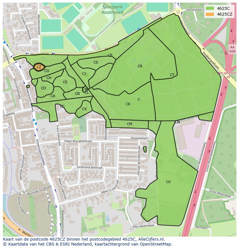 Afbeelding van het postcodegebied 4625 CZ op de kaart.