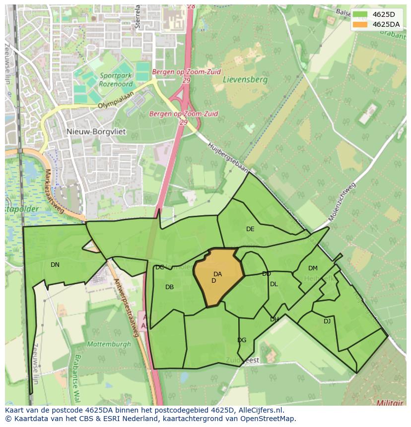 Afbeelding van het postcodegebied 4625 DA op de kaart.