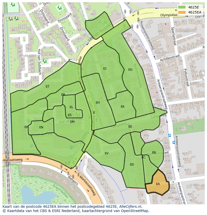 Afbeelding van het postcodegebied 4625 EA op de kaart.