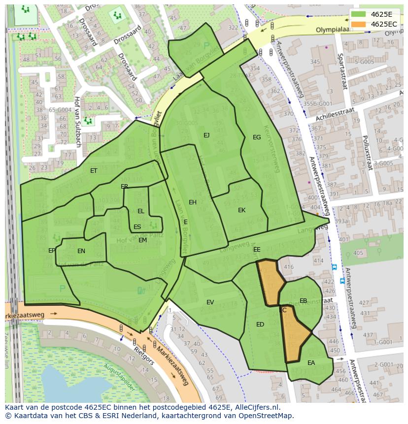 Afbeelding van het postcodegebied 4625 EC op de kaart.