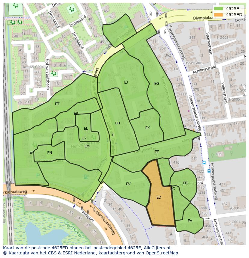 Afbeelding van het postcodegebied 4625 ED op de kaart.