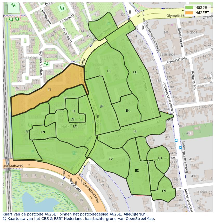 Afbeelding van het postcodegebied 4625 ET op de kaart.