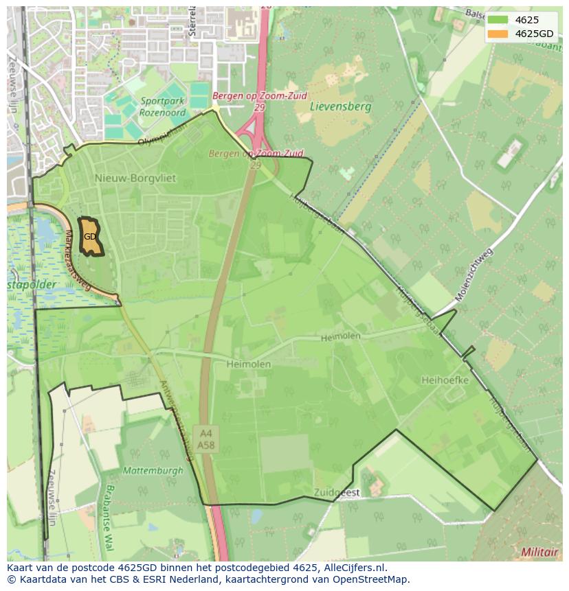 Afbeelding van het postcodegebied 4625 GD op de kaart.