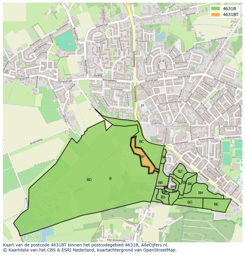 Afbeelding van het postcodegebied 4631 BT op de kaart.