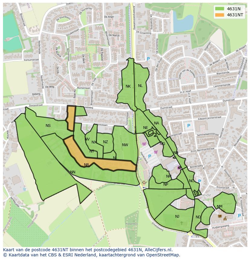 Afbeelding van het postcodegebied 4631 NT op de kaart.