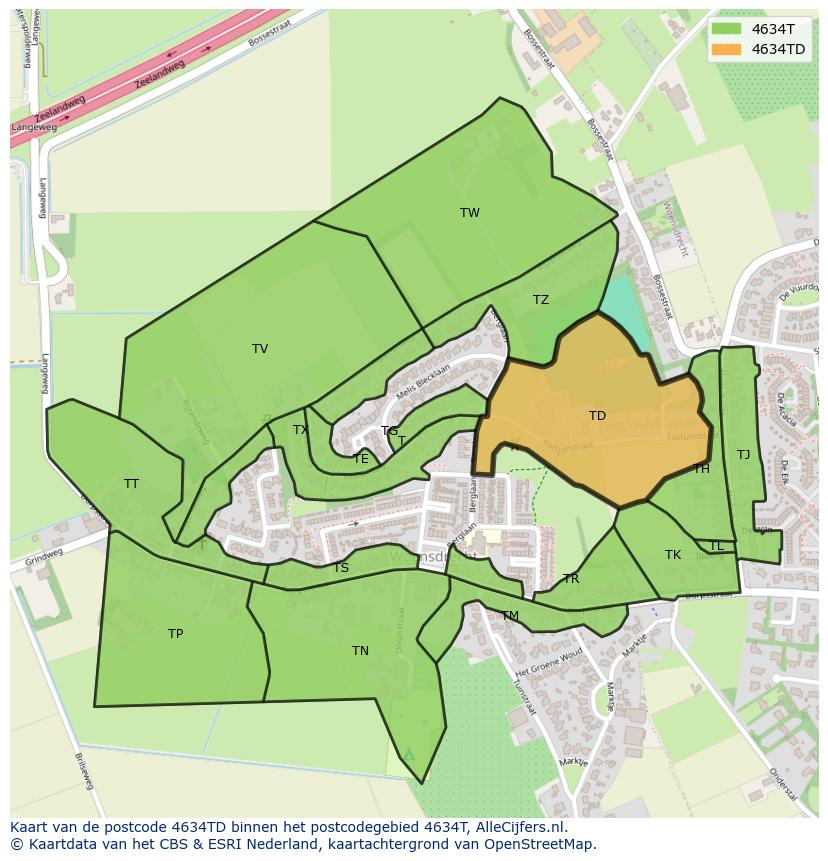 Afbeelding van het postcodegebied 4634 TD op de kaart.