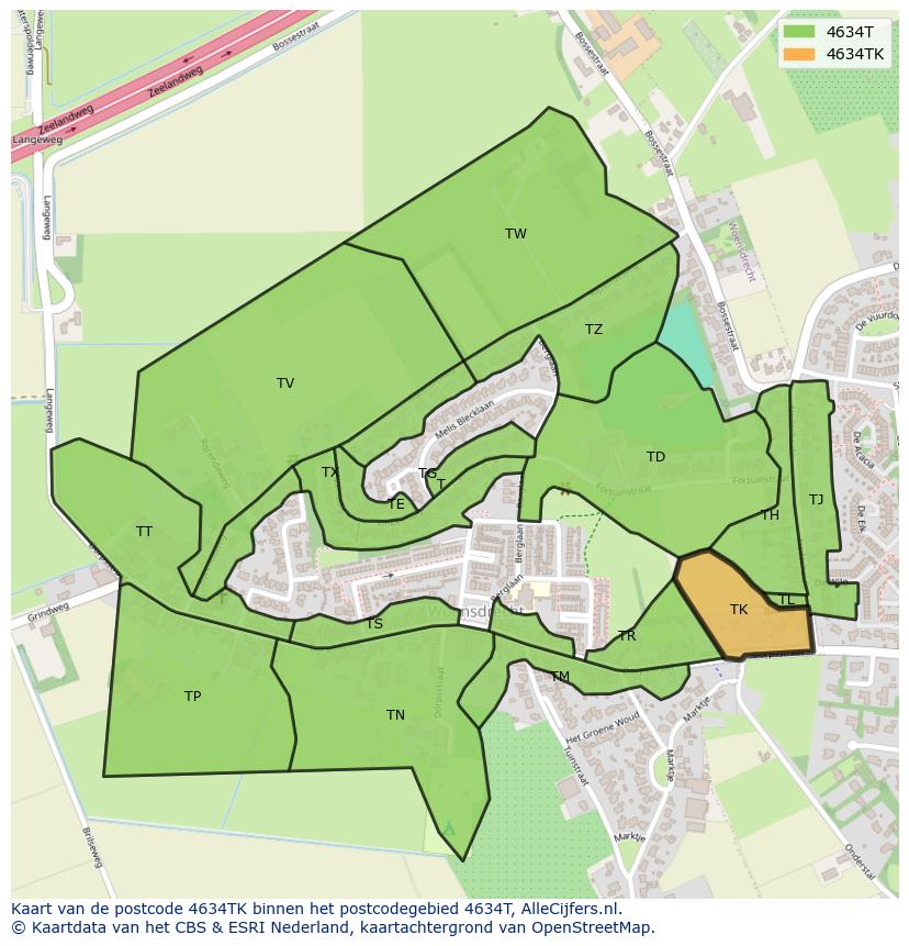 Afbeelding van het postcodegebied 4634 TK op de kaart.