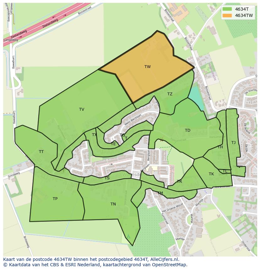 Afbeelding van het postcodegebied 4634 TW op de kaart.