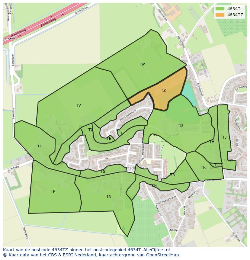 Afbeelding van het postcodegebied 4634 TZ op de kaart.