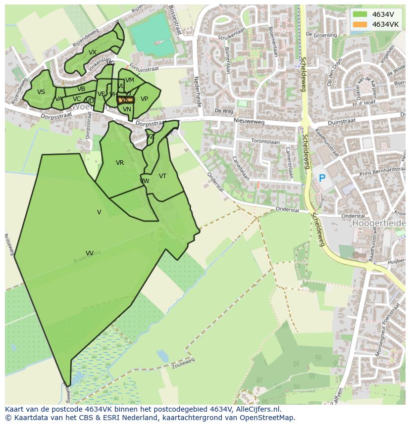 Afbeelding van het postcodegebied 4634 VK op de kaart.
