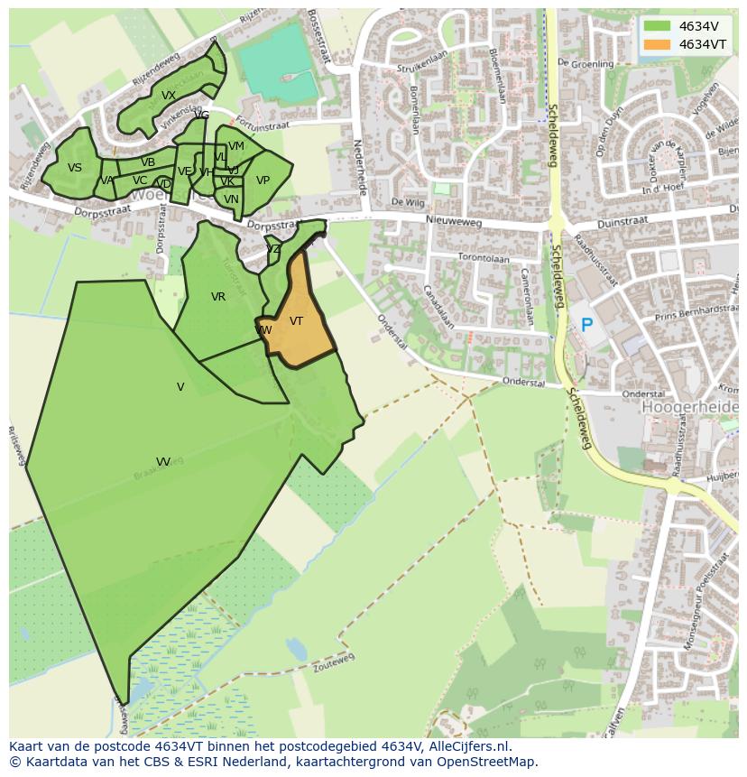 Afbeelding van het postcodegebied 4634 VT op de kaart.