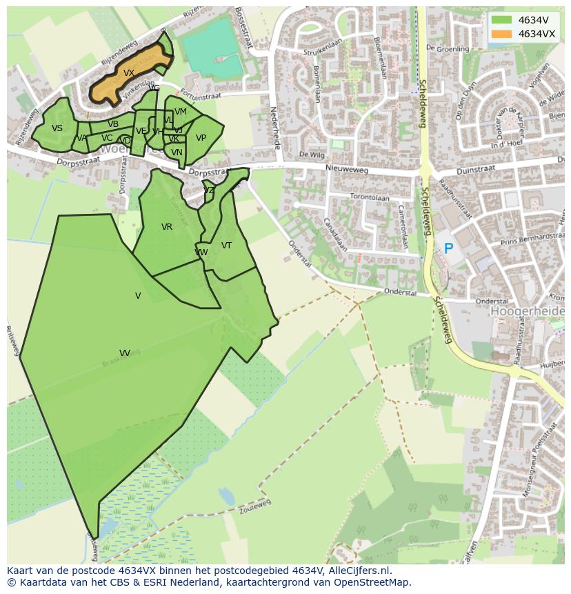 Afbeelding van het postcodegebied 4634 VX op de kaart.