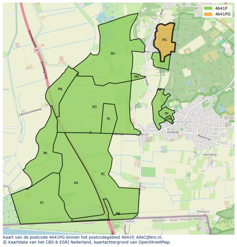 Afbeelding van het postcodegebied 4641 PG op de kaart.