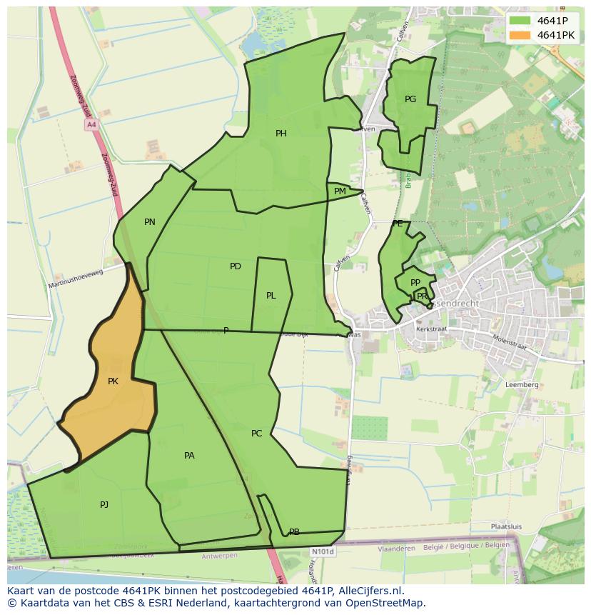 Afbeelding van het postcodegebied 4641 PK op de kaart.