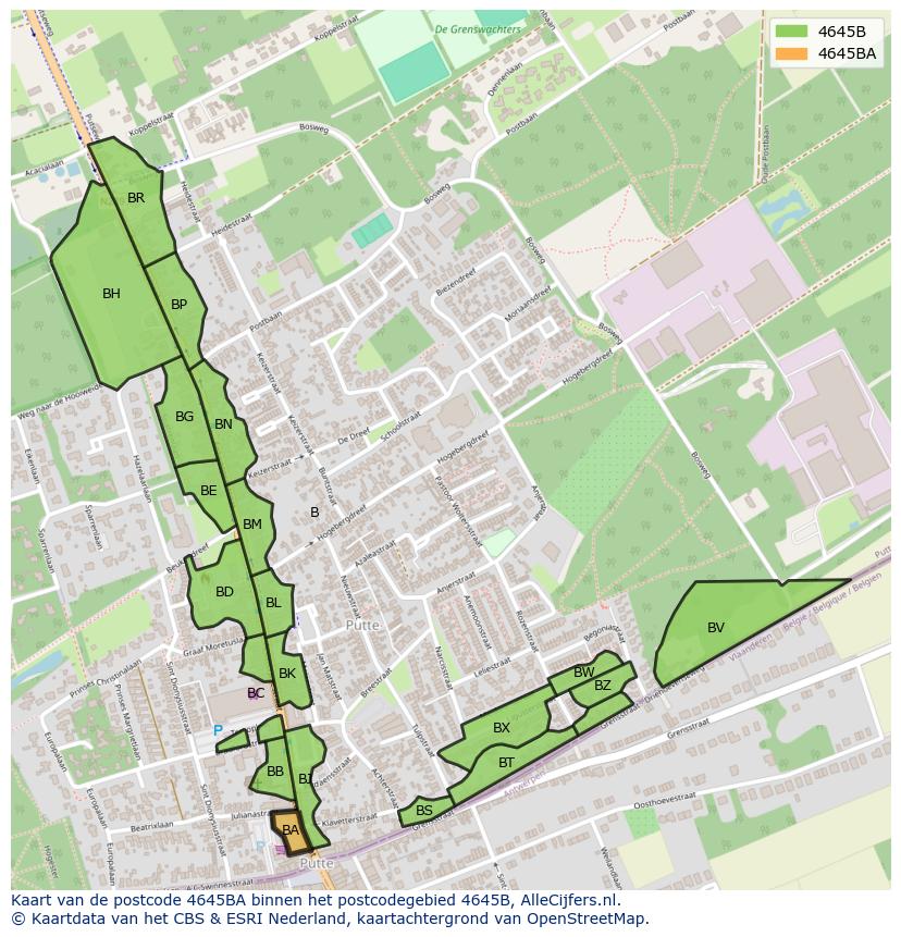 Afbeelding van het postcodegebied 4645 BA op de kaart.