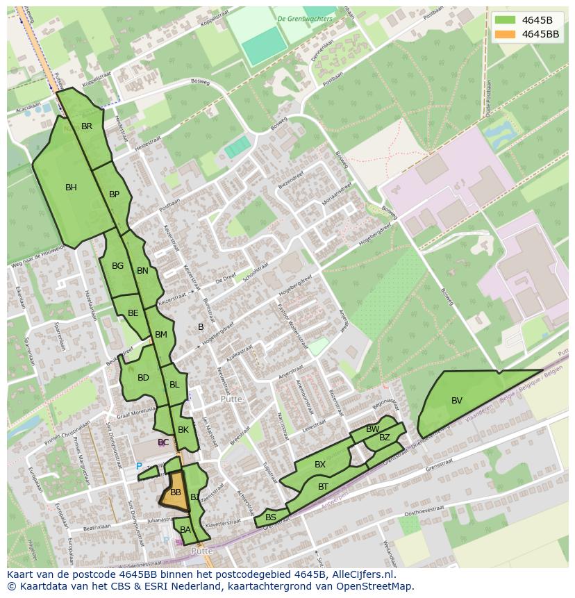 Afbeelding van het postcodegebied 4645 BB op de kaart.