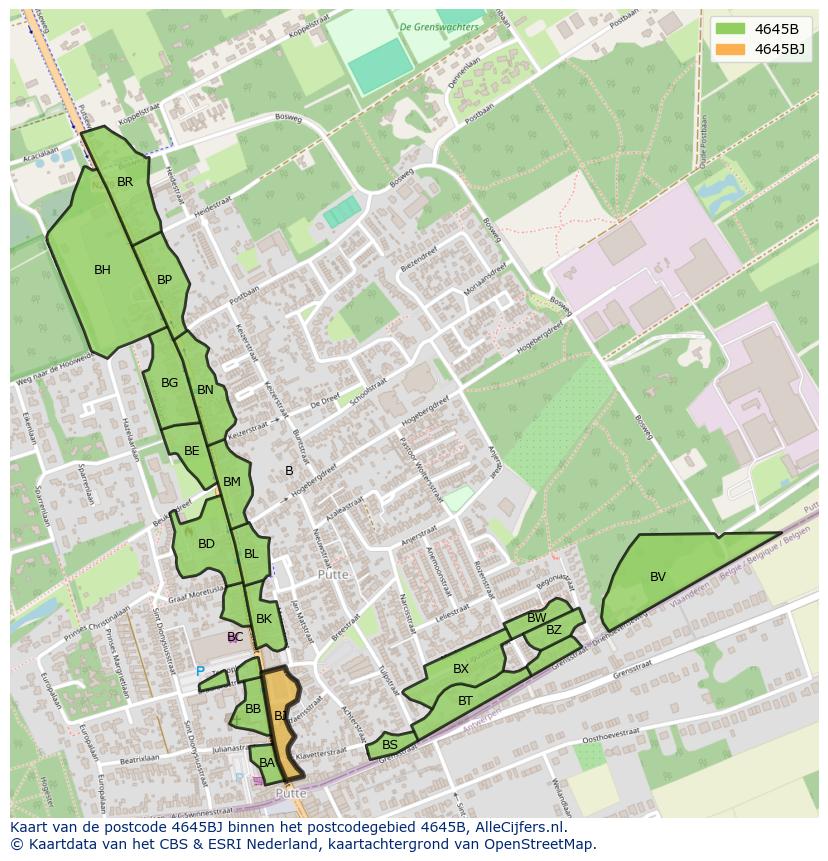 Afbeelding van het postcodegebied 4645 BJ op de kaart.