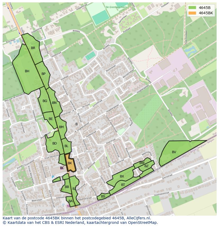 Afbeelding van het postcodegebied 4645 BK op de kaart.