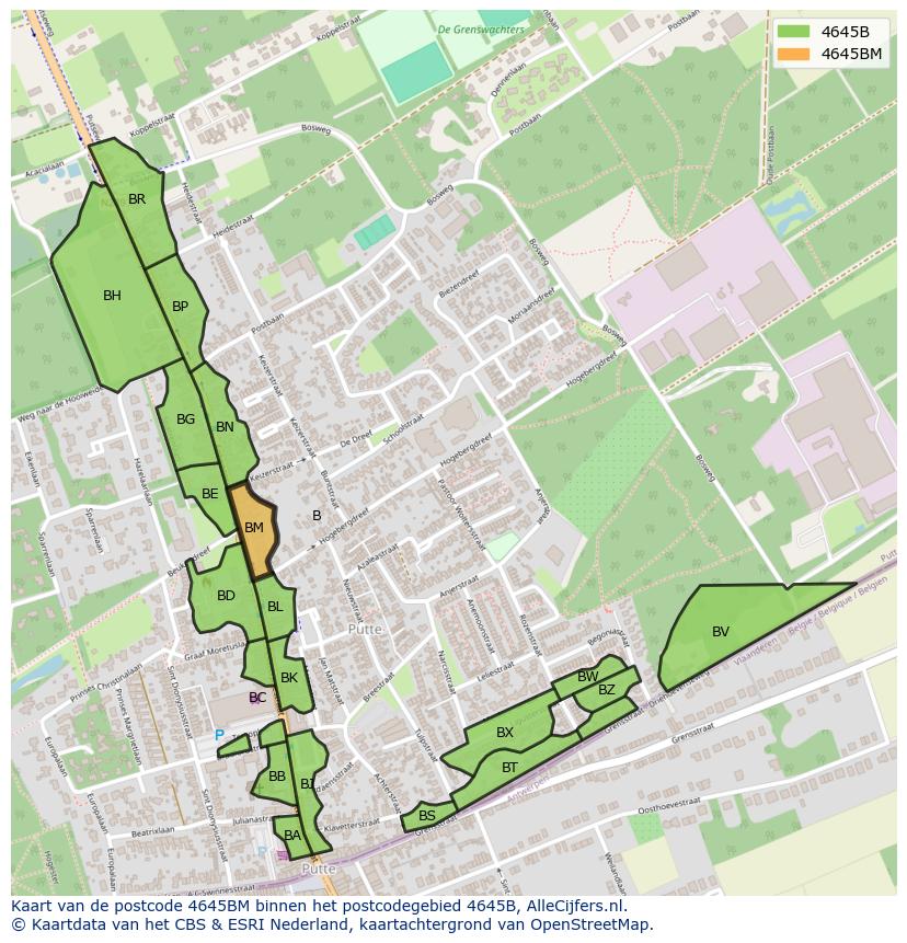 Afbeelding van het postcodegebied 4645 BM op de kaart.