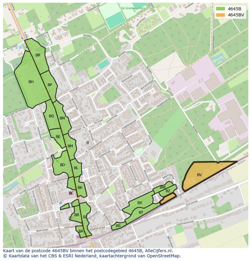 Afbeelding van het postcodegebied 4645 BV op de kaart.