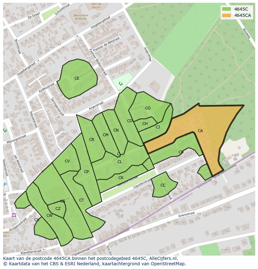 Afbeelding van het postcodegebied 4645 CA op de kaart.