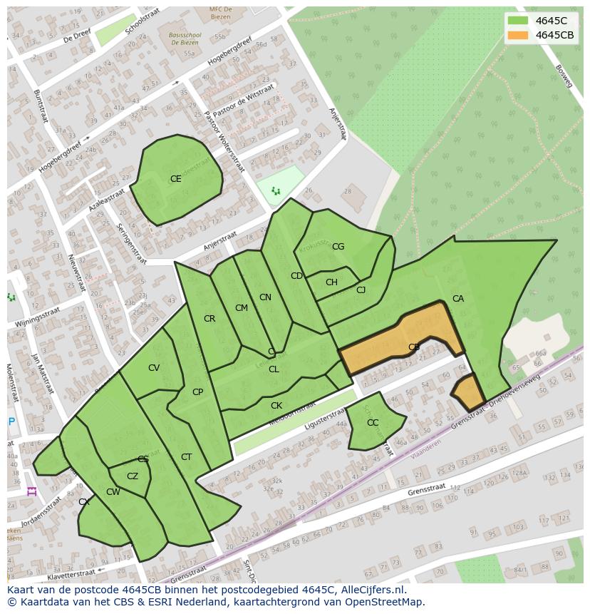 Afbeelding van het postcodegebied 4645 CB op de kaart.