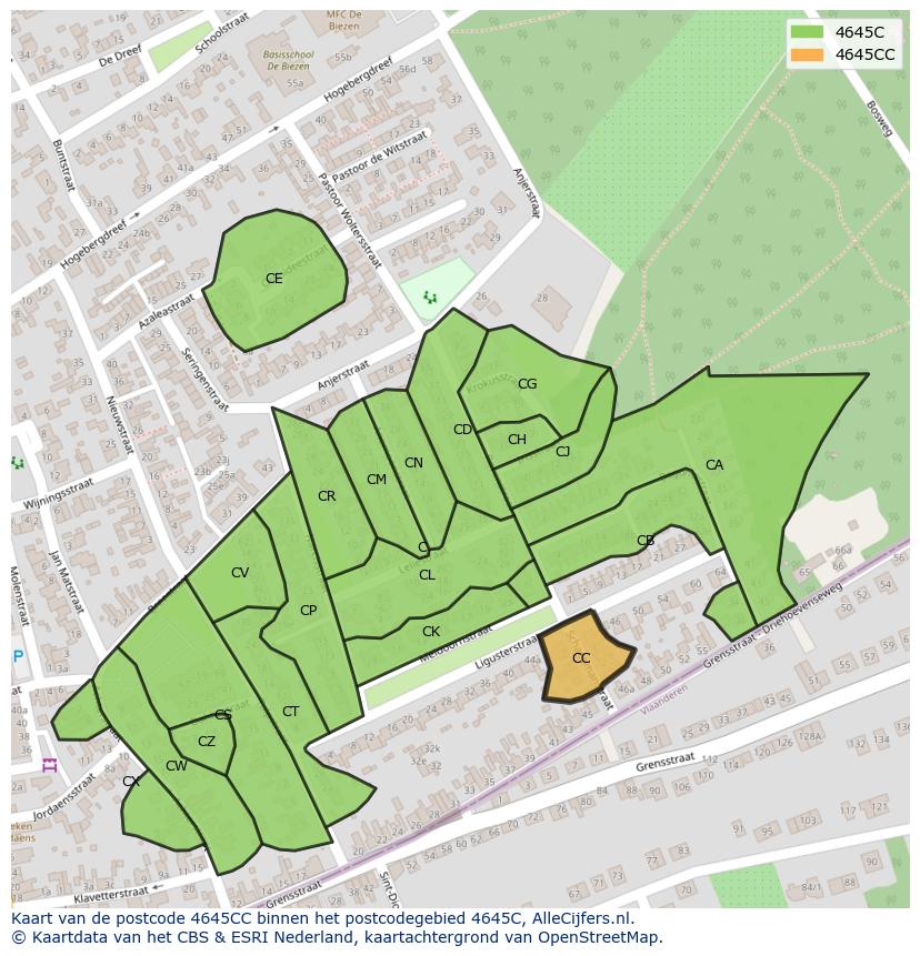 Afbeelding van het postcodegebied 4645 CC op de kaart.
