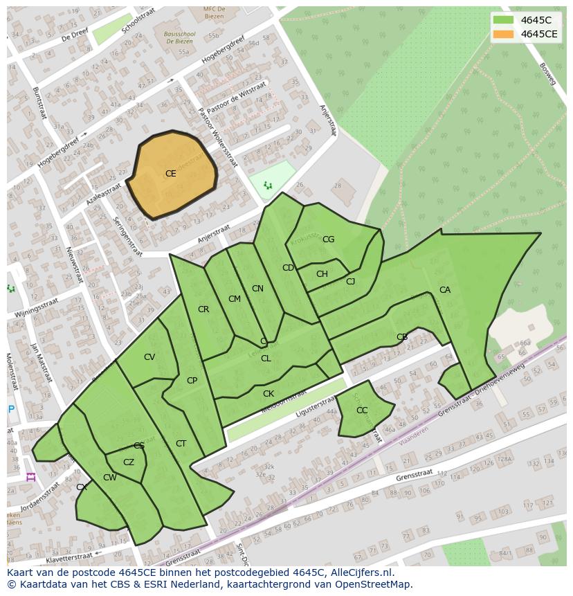 Afbeelding van het postcodegebied 4645 CE op de kaart.