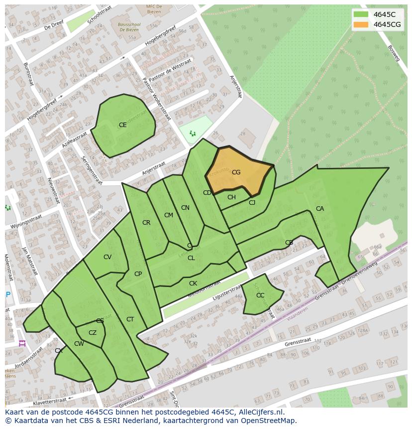 Afbeelding van het postcodegebied 4645 CG op de kaart.