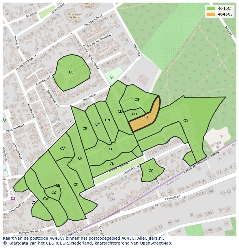Afbeelding van het postcodegebied 4645 CJ op de kaart.