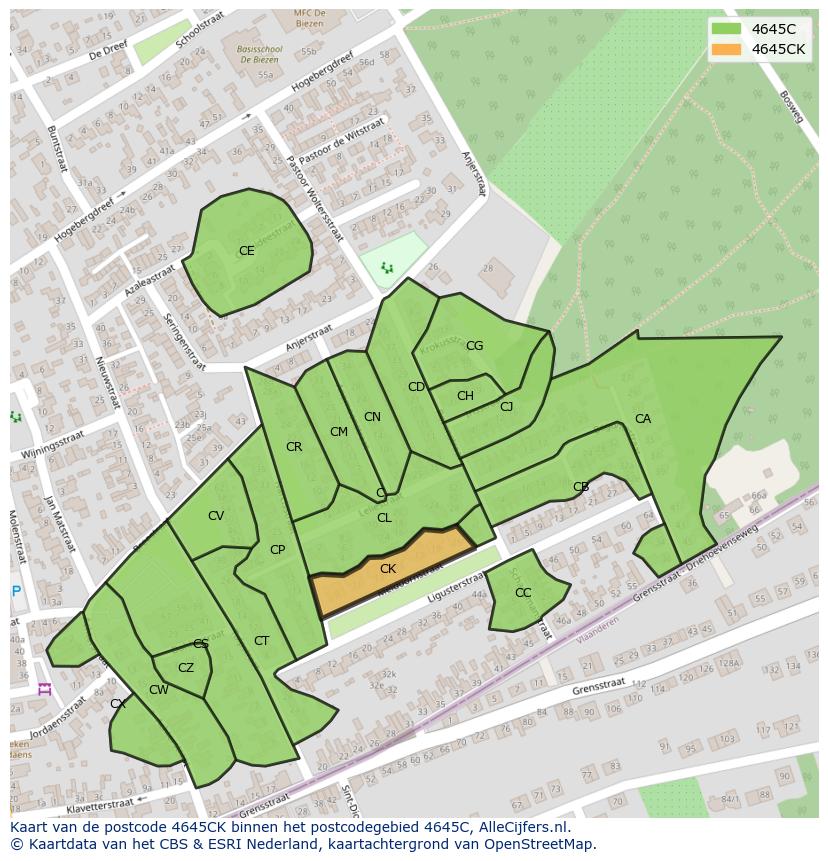 Afbeelding van het postcodegebied 4645 CK op de kaart.