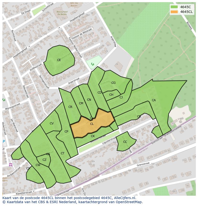 Afbeelding van het postcodegebied 4645 CL op de kaart.
