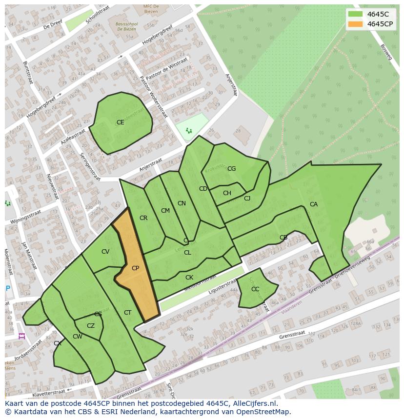 Afbeelding van het postcodegebied 4645 CP op de kaart.