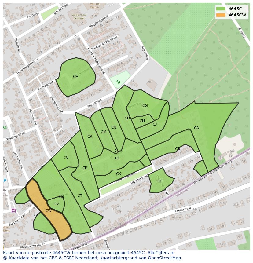 Afbeelding van het postcodegebied 4645 CW op de kaart.